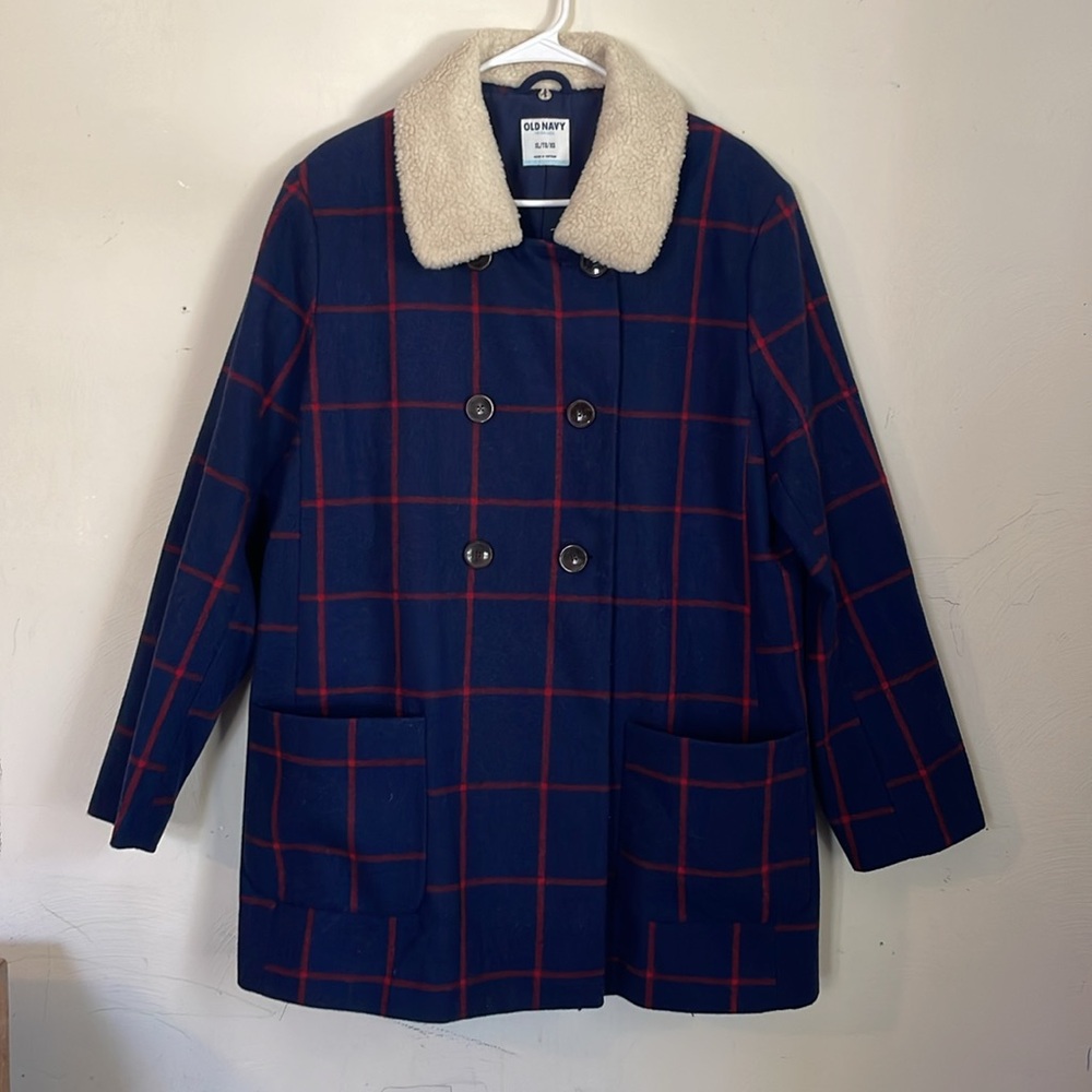 Vintage Inspired Navy Plaid Faux Fur Collated Recycled Wool Blend Peacoat